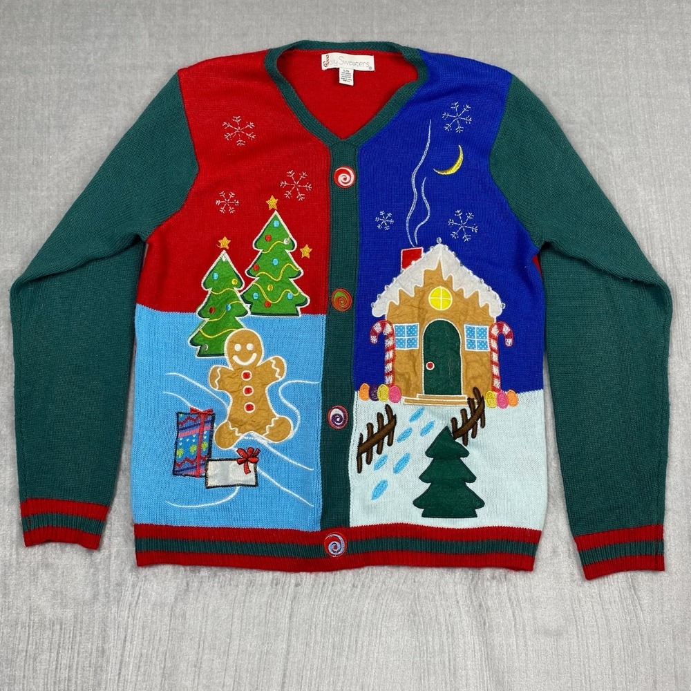 Jolly Sweaters Pullover Womens L Christmas Gingerbread‎ House Holiday Party